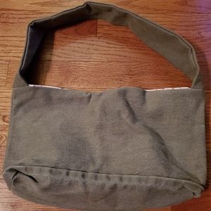 Handmade Olive Green Blue Jean Tote with Pink and Brown Scenery Lining